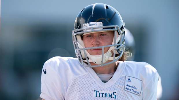 Tennessee Titans punter Ryan Stonehouse (4) walks across the field during a joint training camp practice against the Arizona Cardinals at Ascension Saint Thomas Sports Park Wednesday, Aug. 24, 2022, in Nashville, Tenn.